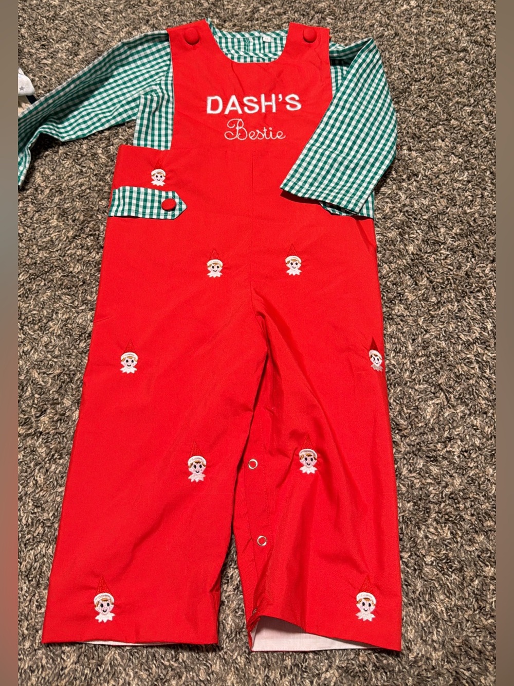 Red Holiday elf Embroidered Overalls with Green Gingham Shirt